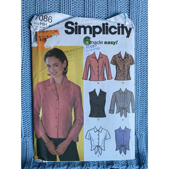 Simplicity 7086 Sewing pattern button down shirt blouse size 6 8 10 12 - Picture 1 of 5